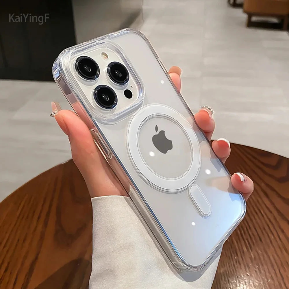 Luxury Magsafe Transparent Case For iPhone 16 15 14 13 12 11 Pro XS XR Max Mini Plus Magnetic Wireless Charge Cases Cover